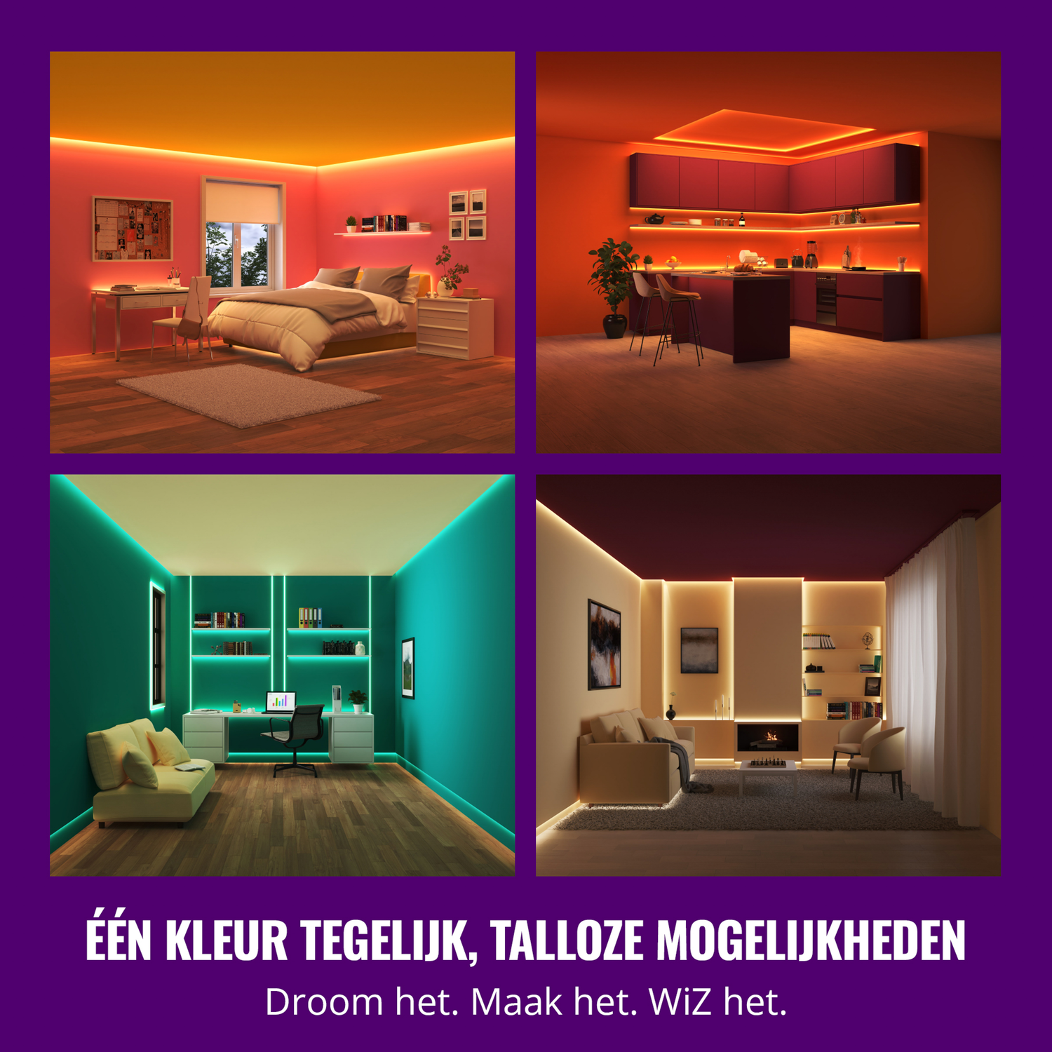 Image shows four rooms with various colored lighting schemes, including a bedroom, kitchen, office, and living room. Text says: One color, many possibilities.