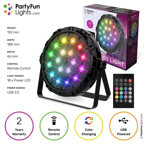 Ein schwarzes Discolicht mit mehrfarbigen LEDs und einer Fernbedienung. Produktdetails werden gezeigt.