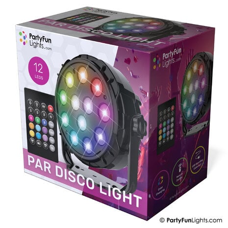 Karton mit einem PAR-Disco-Licht. Enthält ein schwarzes Licht, eine Fernbedienung und bunte Lichter. Die Box ist weiß und lila.