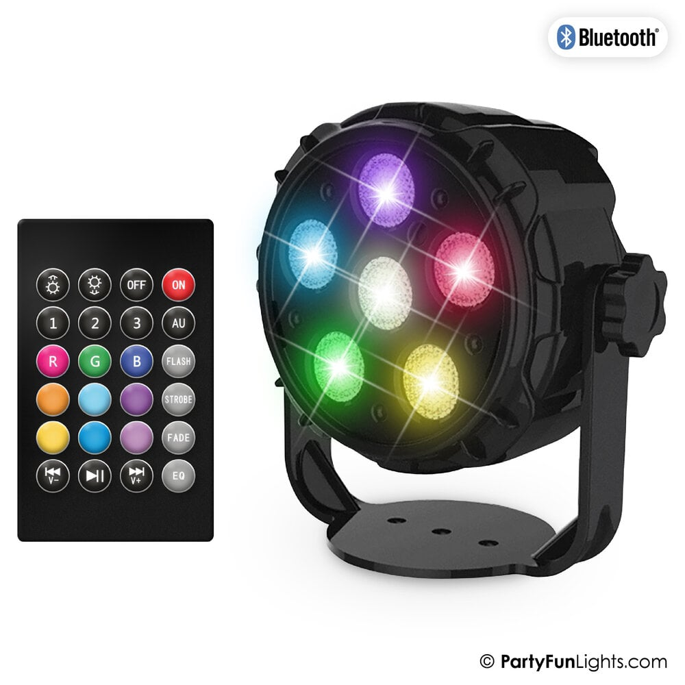 Schwarzes PartyFunLights LED-Bühnenlicht mit Fernbedienung. Emittiert verschiedene Farben.