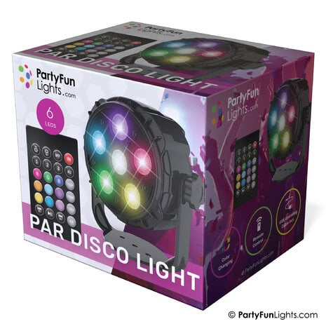Disco-Light-Box. Die Box zeigt ein Disco-Licht und eine Fernbedienung.