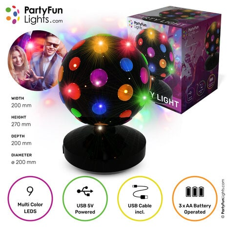 PartyFunLights Discokugel mit Maßen, mehrfarbigen LEDs, USB und Batterien.