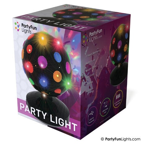 Eine Schachtel mit 'Party Fun Lights' und einem Diskokugelbild, das Produktinformationen zeigt.