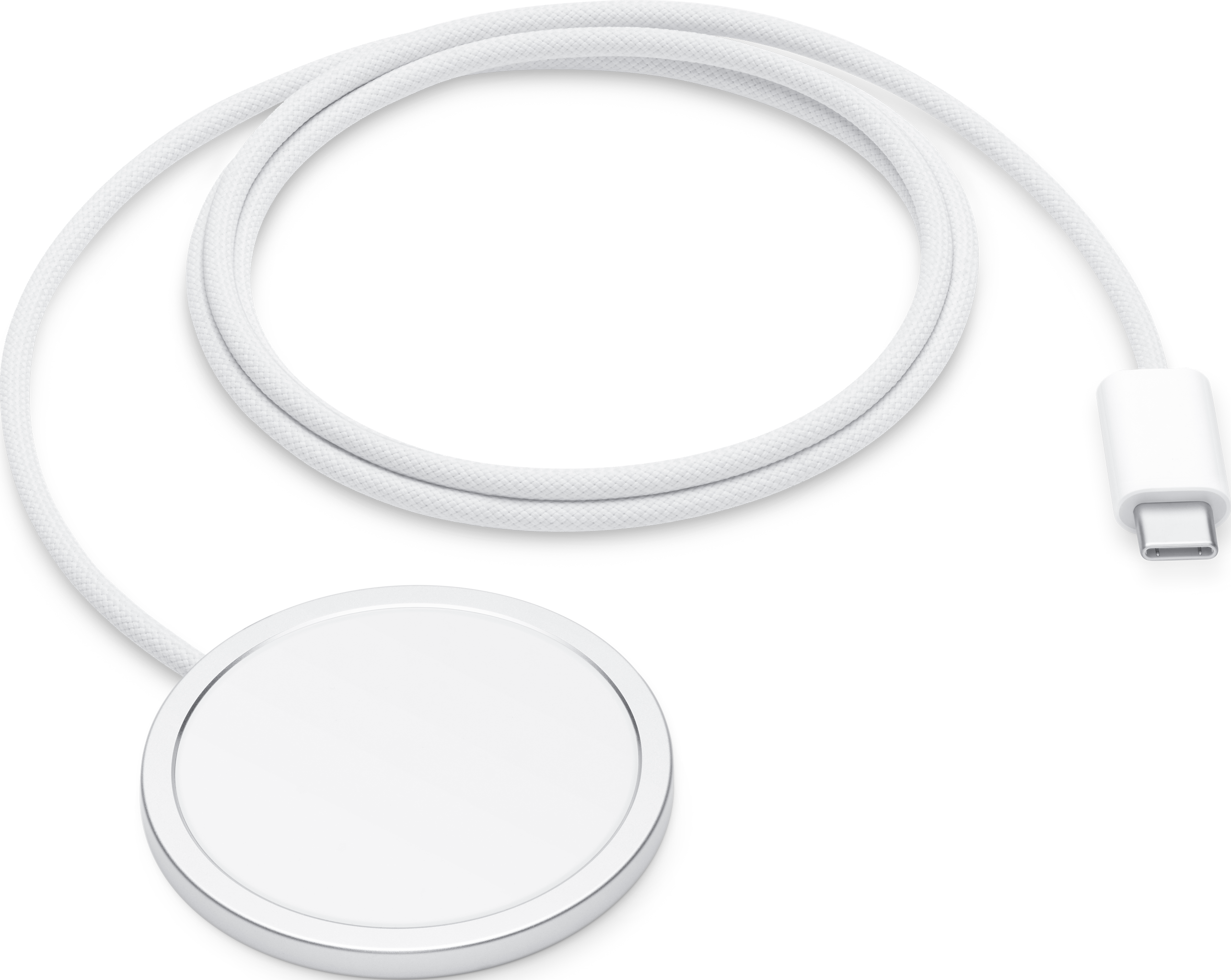 Caricabatterie MagSafe bianco con cavo bianco e connettore USB-C su sfondo nero.