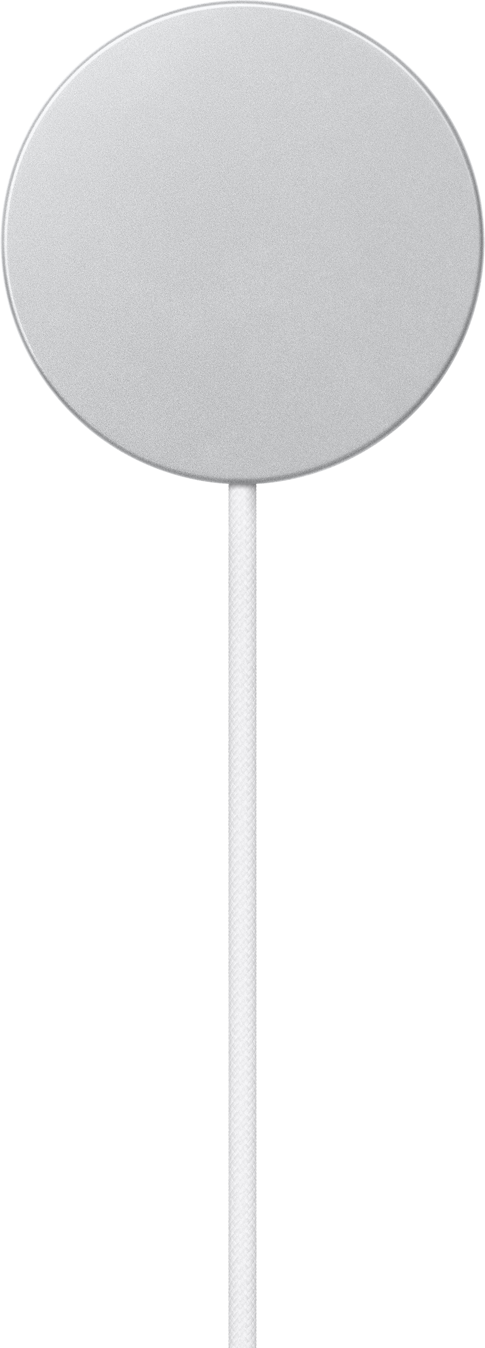 Caricabatterie wireless circolare bianco con cavo bianco attaccato sotto.