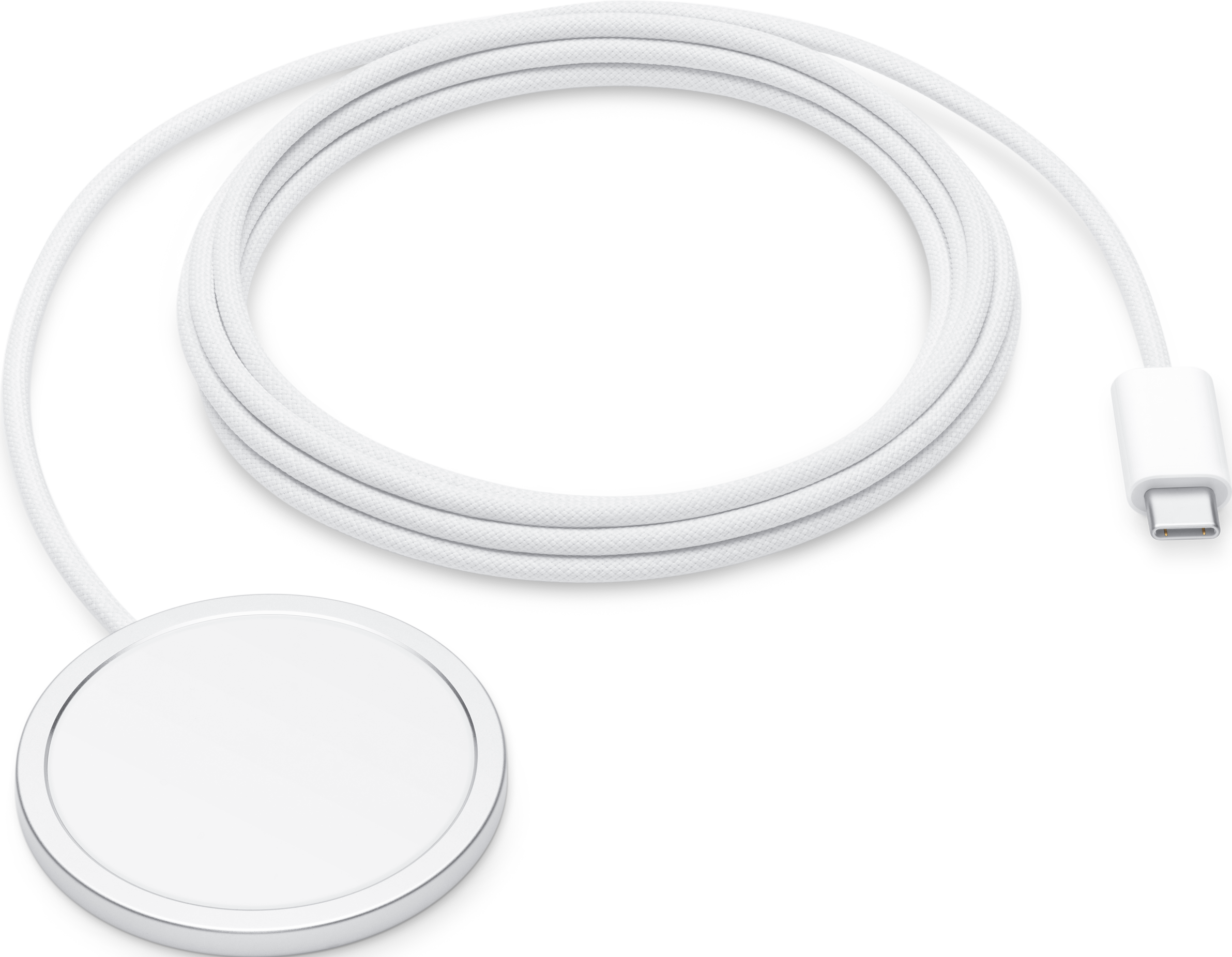 Un caricatore wireless bianco con bordo argentato e cavo bianco con connettore USB-C.