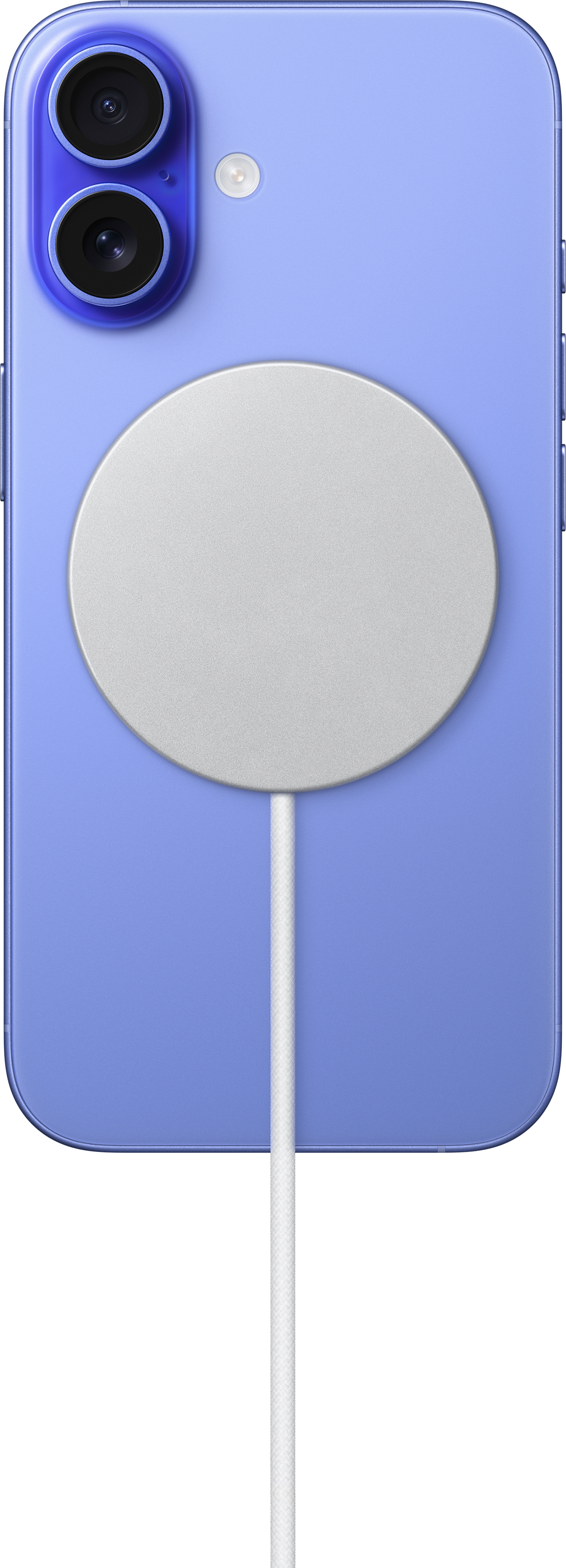 Un iPhone 12 viola chiaro con un caricatore MagSafe bianco collegato, con un cavo di ricarica bianco.