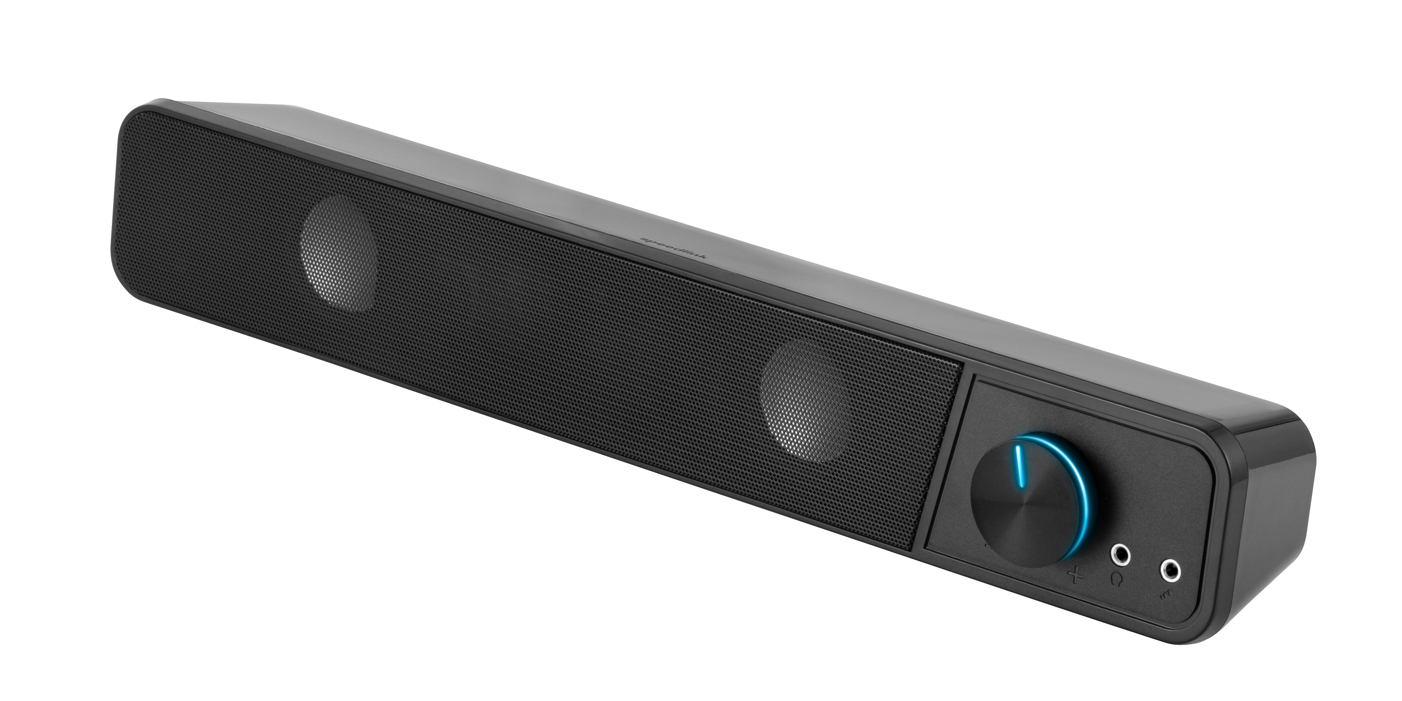 Schwarze Soundbar mit Lautsprechermesh, Lautstärkeregler und Eingängen auf weißem Hintergrund.