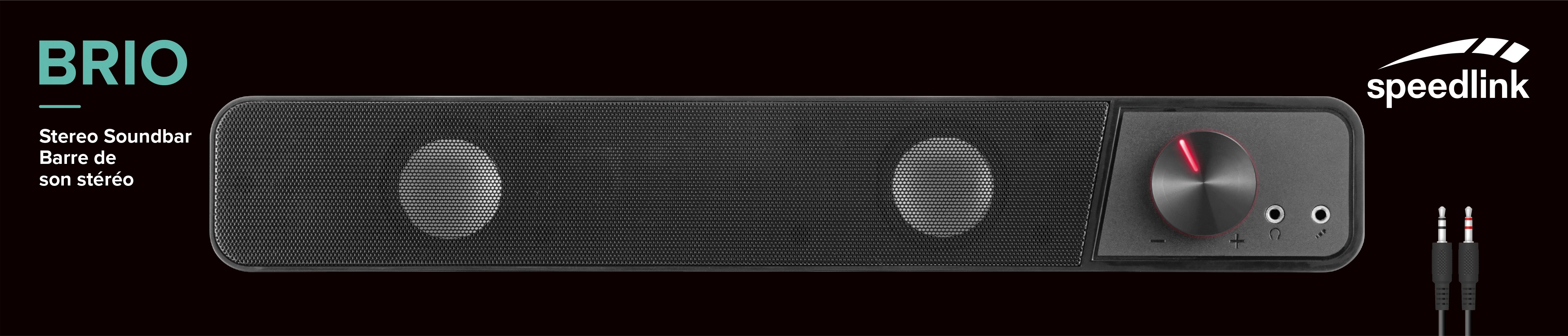 Schwarze Soundbar mit silbernen Lautsprechern und rotem Lautstärkeregler. Speedlink-Logo.