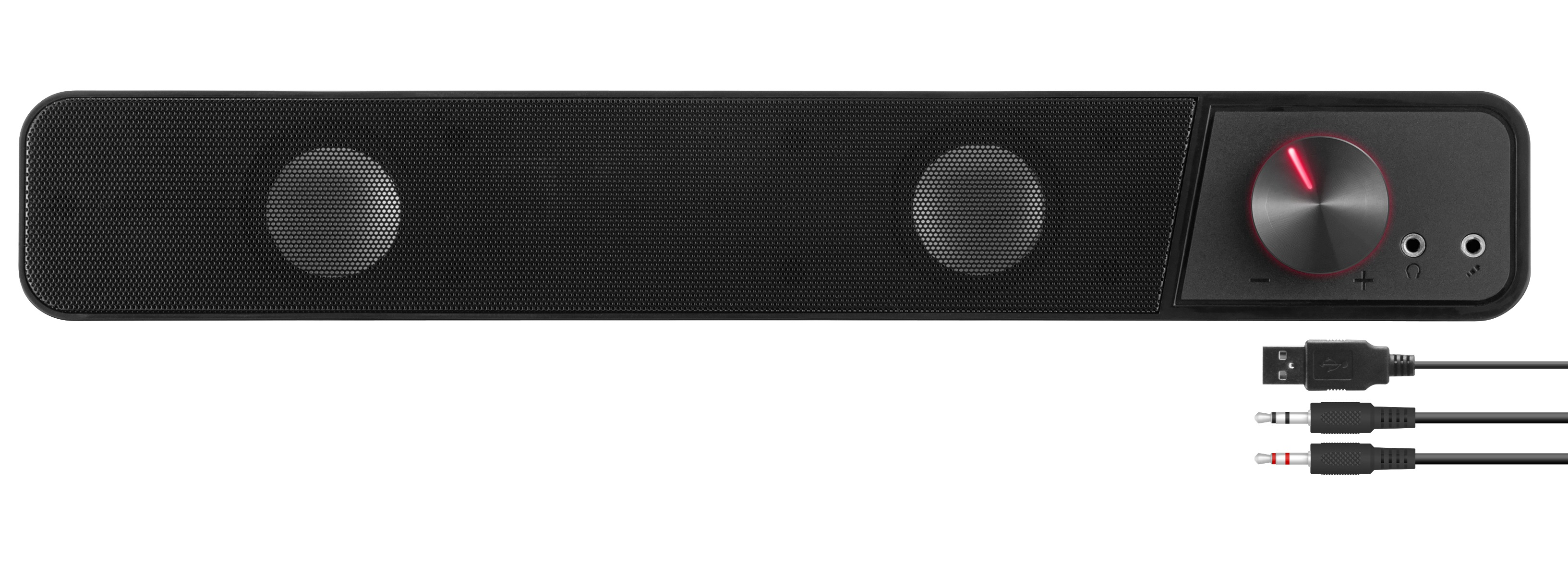 Schwarze Soundbar mit zwei Lautsprechern, roter Lautstärkeregler und Kabeln.
