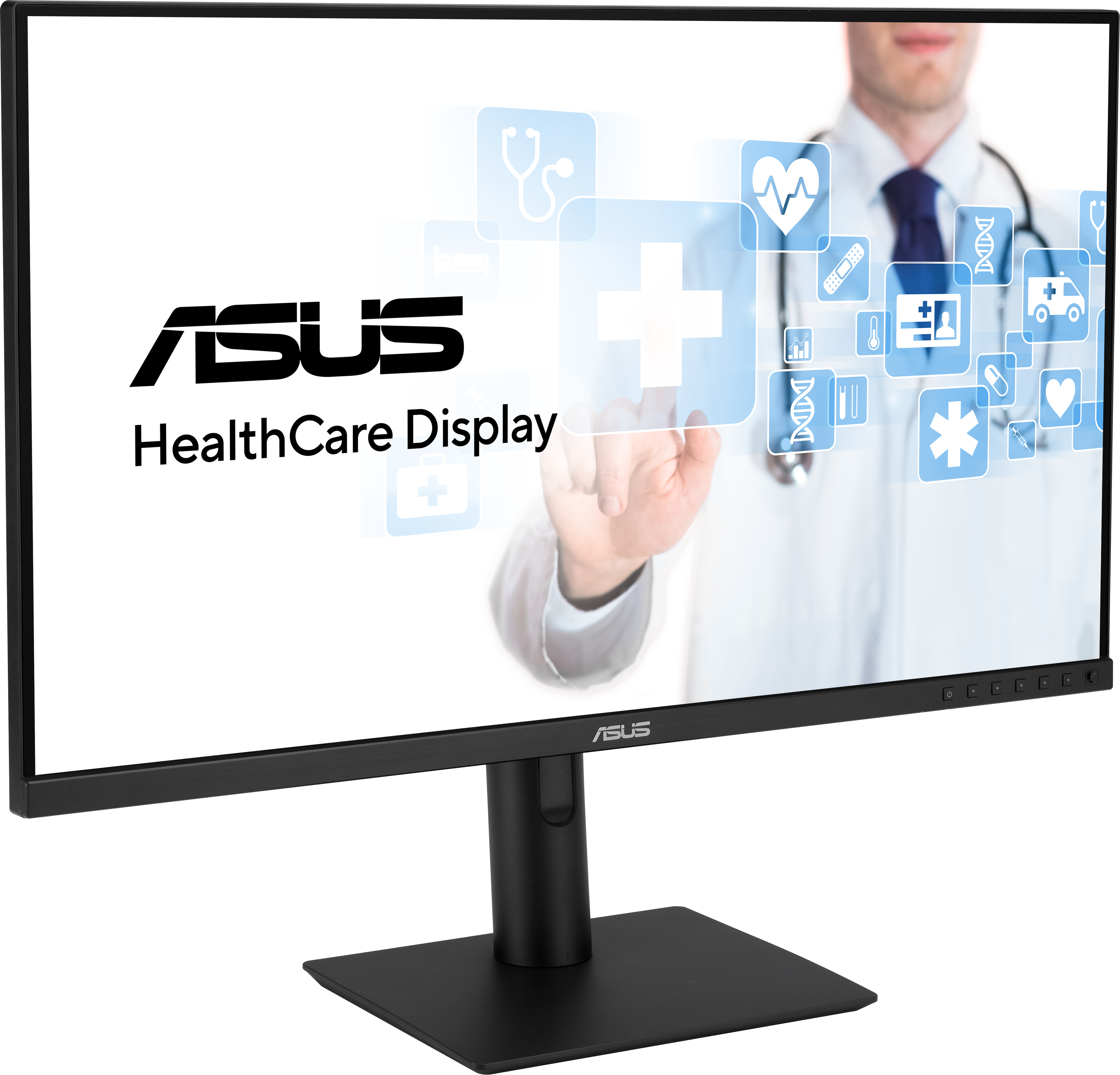 Un monitor di computer nero con il logo ASUS e icone relative alla salute, con un medico.