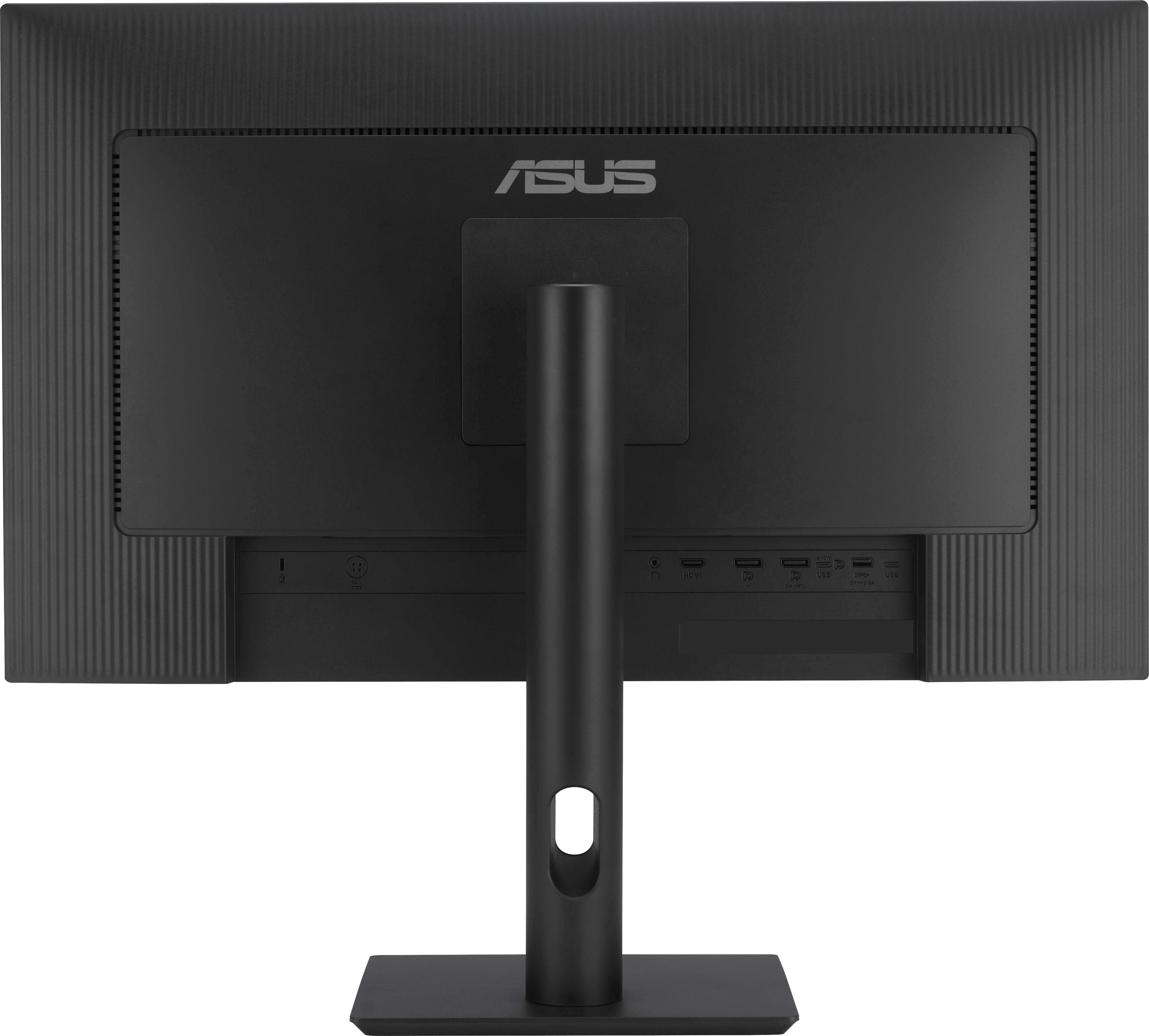 Il retro di un monitor per computer nero con un logo ASUS e più porte.