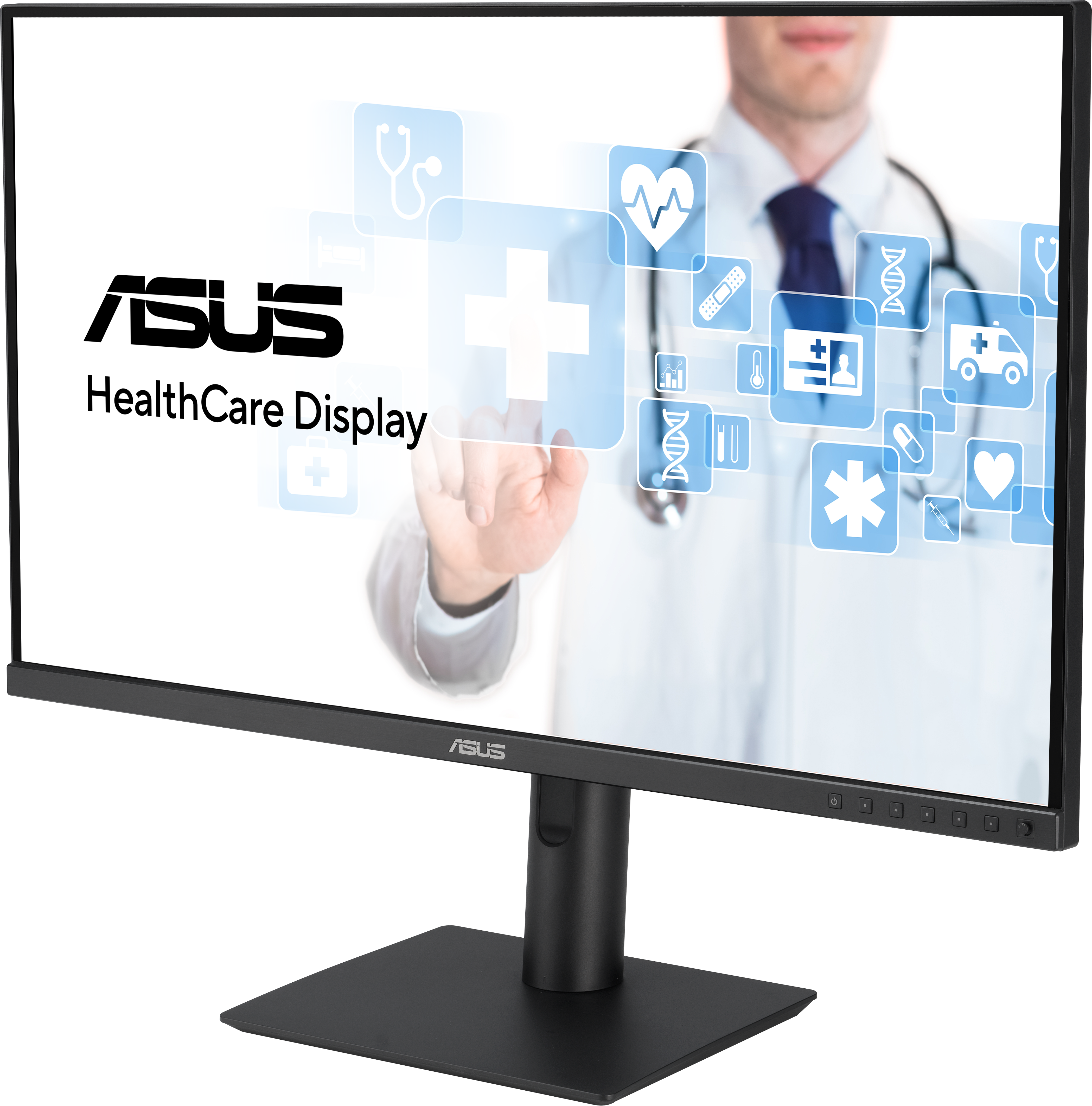 Asus HealthCare Display. Una persona in camice da laboratorio indica un monitor.