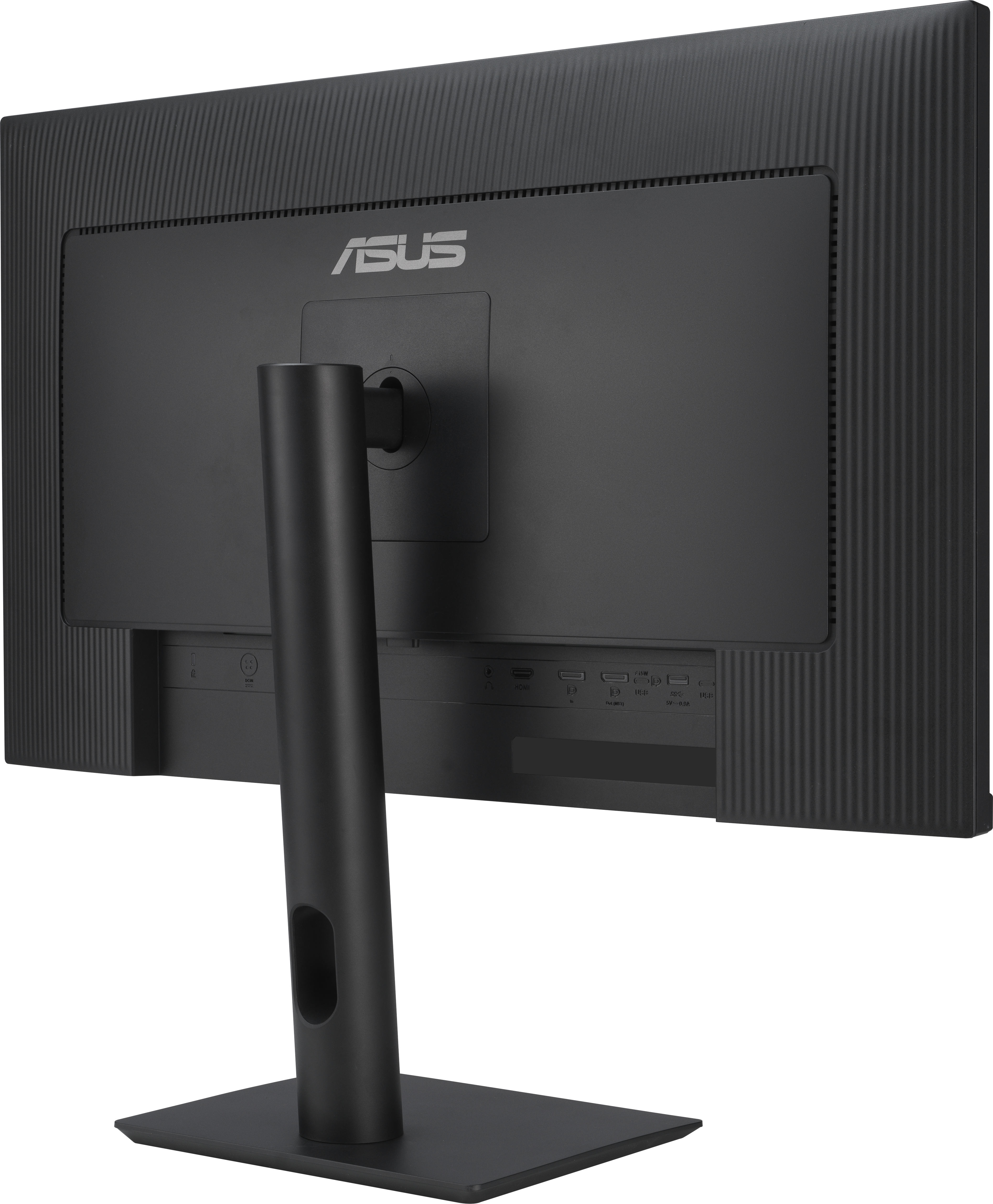 Retro di un monitor nero con supporto. Il logo ASUS è visibile nella parte superiore.