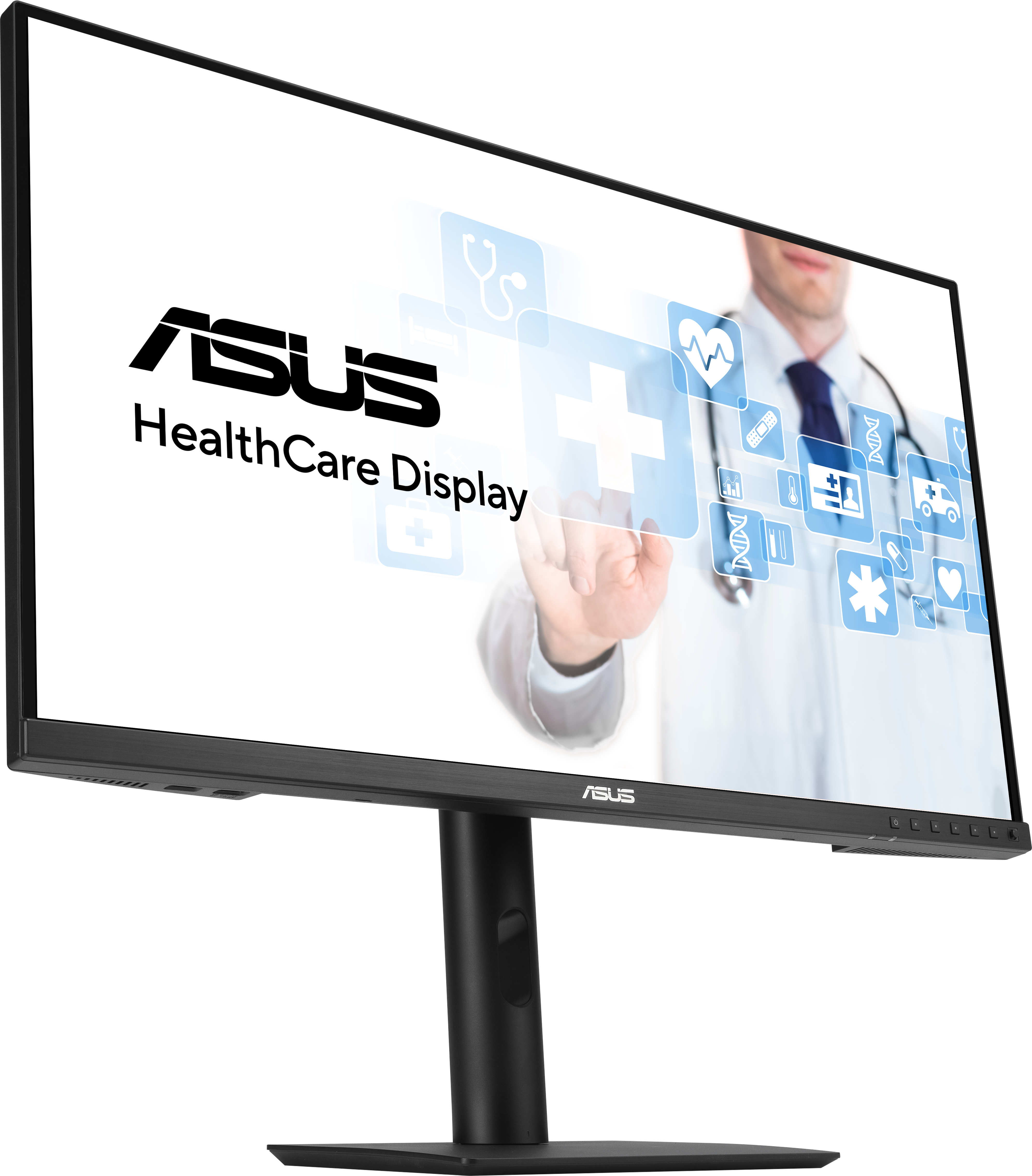 Monitor per computer ASUS nero che mostra un tema medico. La mano di un medico indica lo schermo.