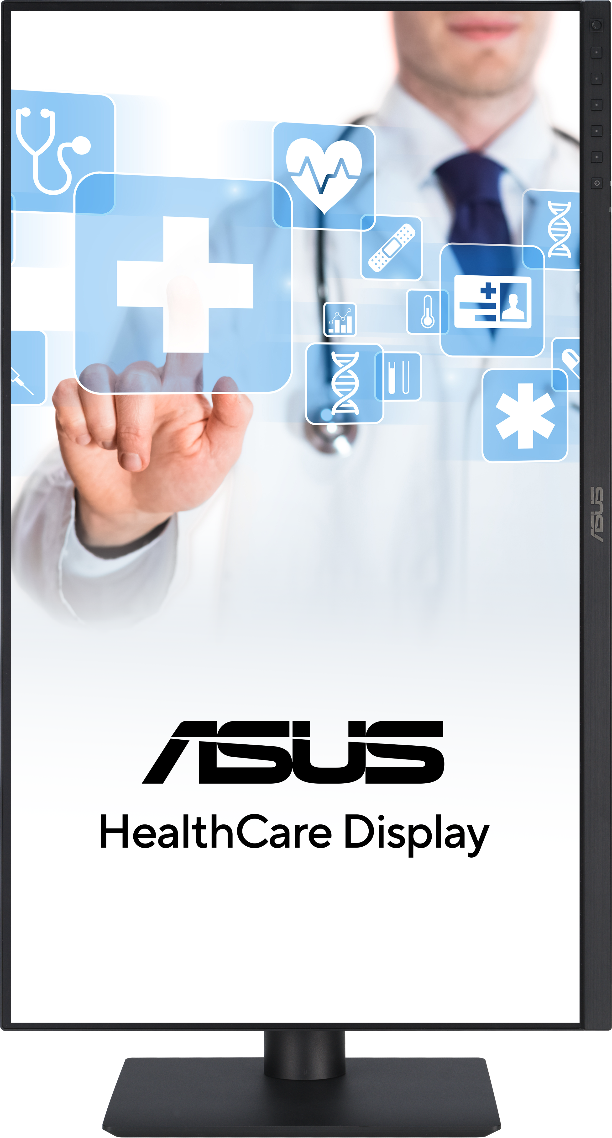ASUS HealthCare Display, professionista medico tocca icona croce digitale.