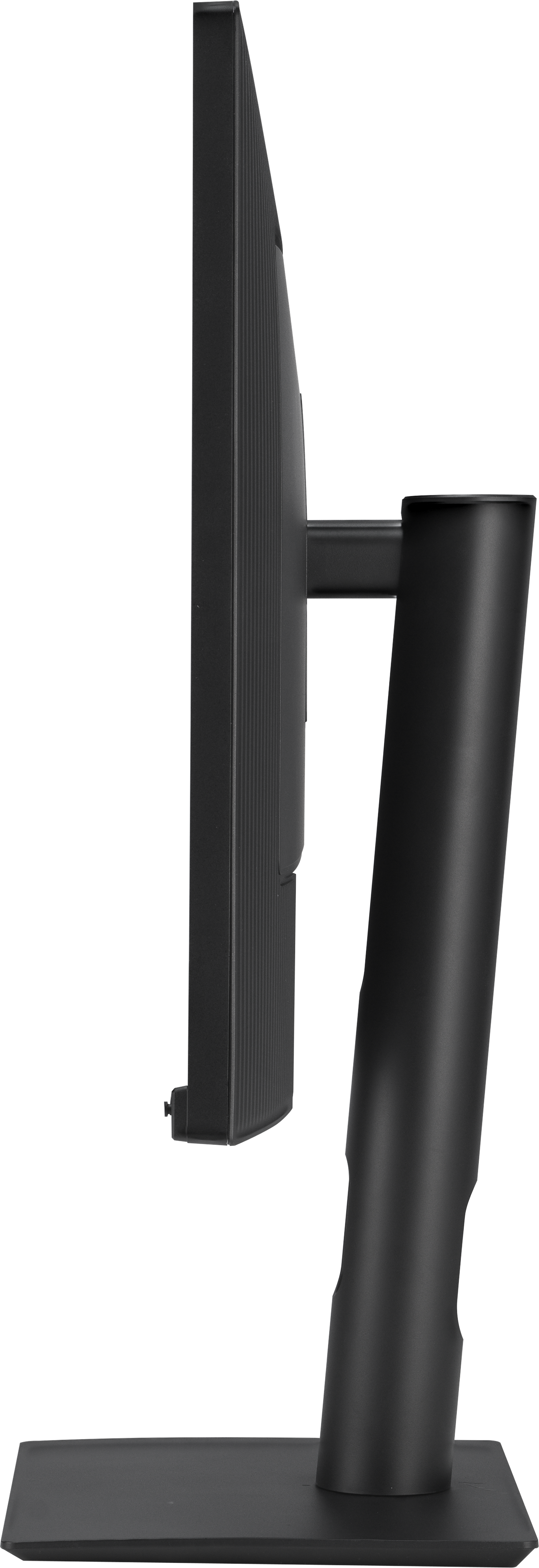 Vista laterale di un monitor ASUS nero, che mostra lo schermo, il supporto e le connessioni.