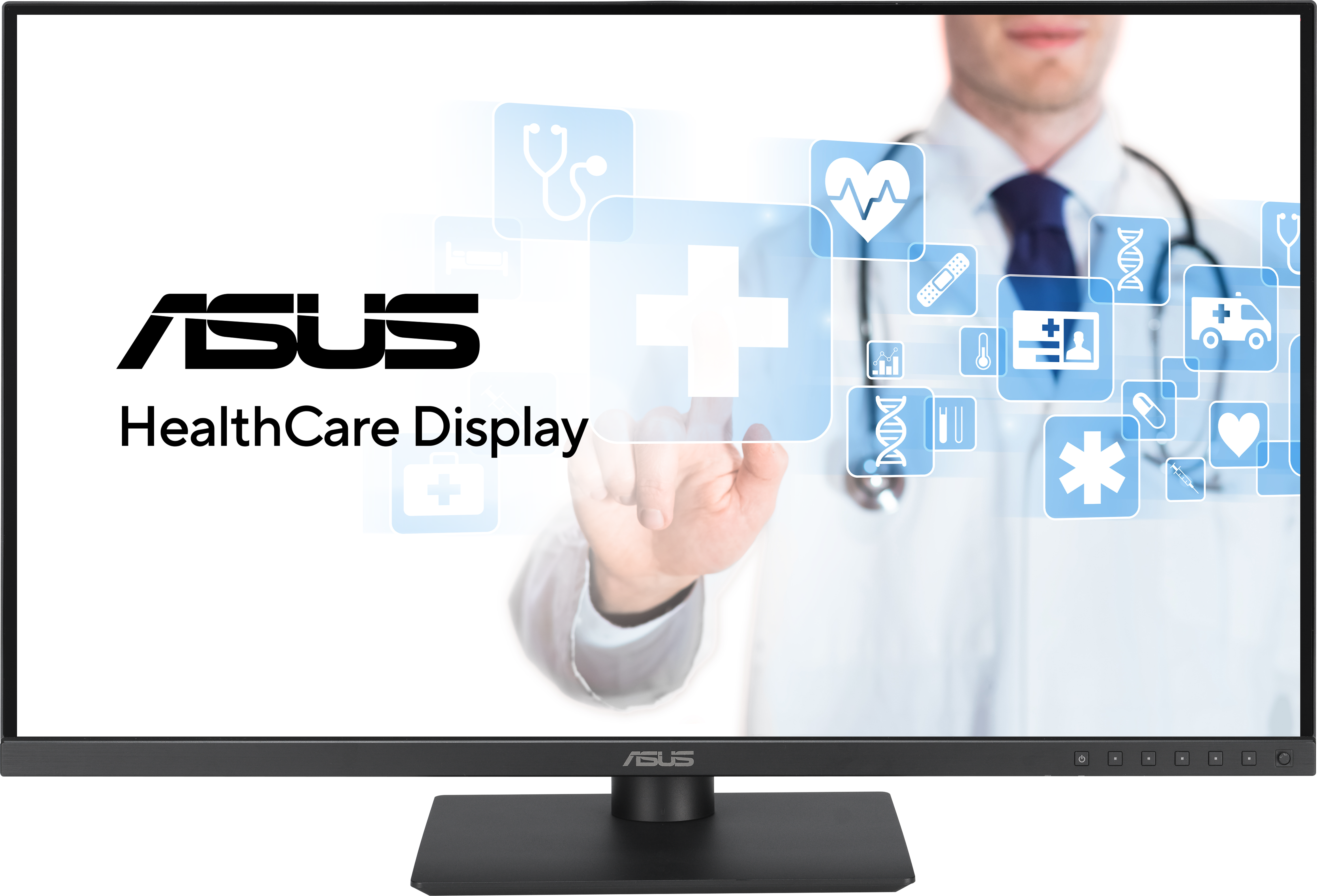 Monitor ASUS con icone mediche. Mano di uomo che indica un segno più sullo schermo.