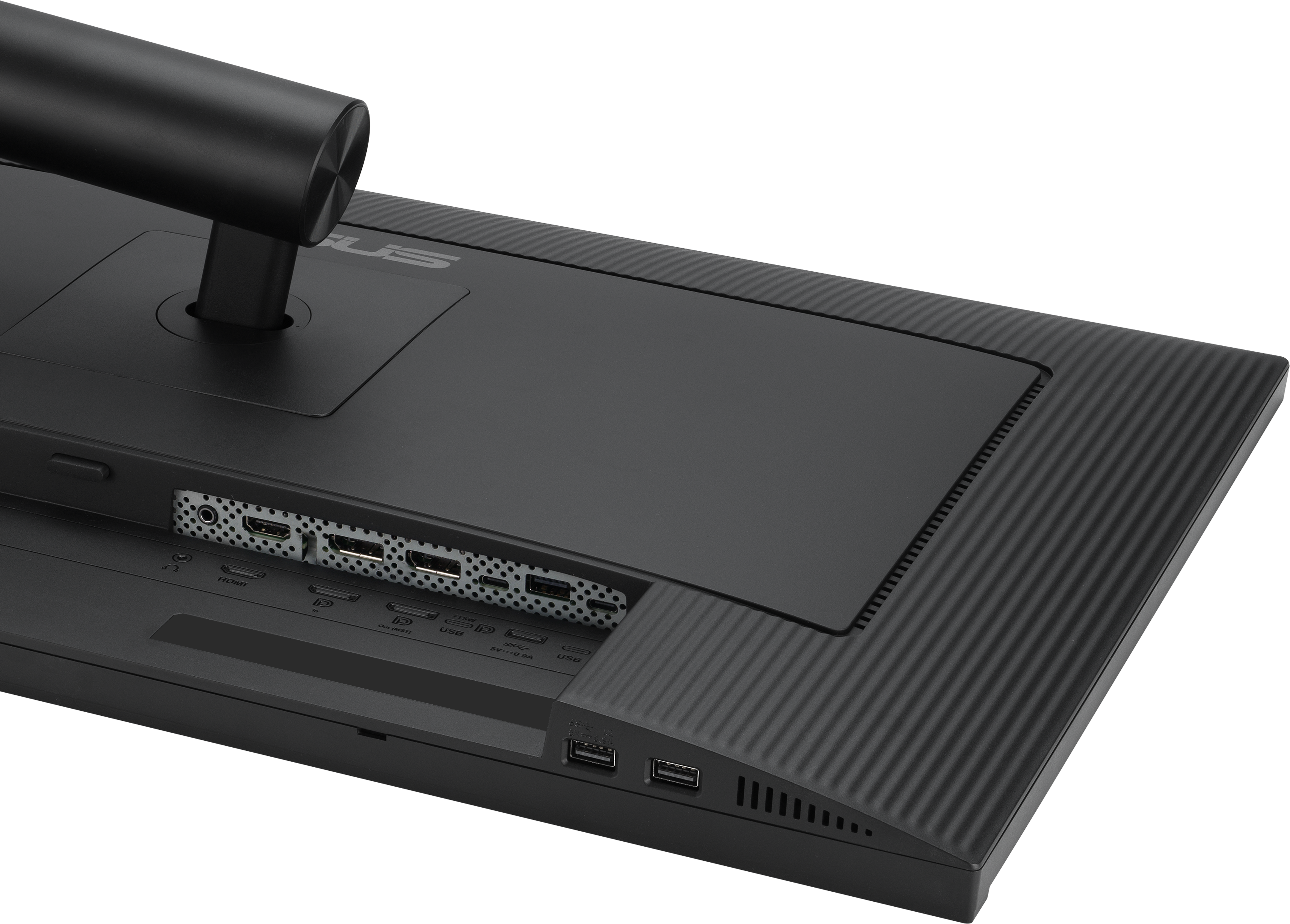Retro di un monitor nero con porte e connessioni.