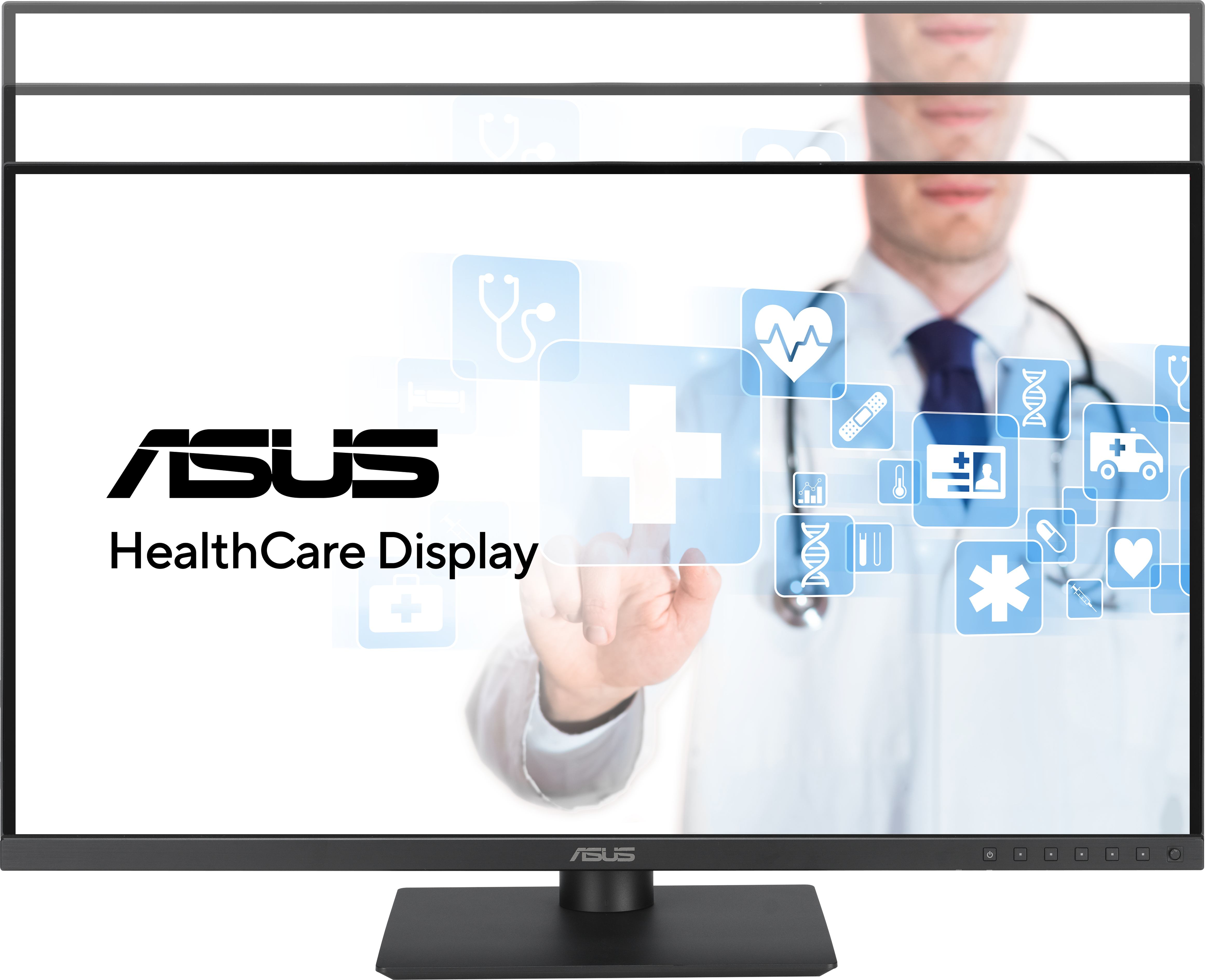 Un monitor di computer visualizza il logo ASUS, con icone mediche e un medico sullo sfondo.