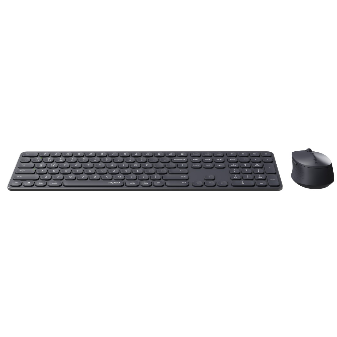 Schwarzes Rapoo-Tastatur- und Maus-Set. Einfaches Design, weißer Hintergrund.