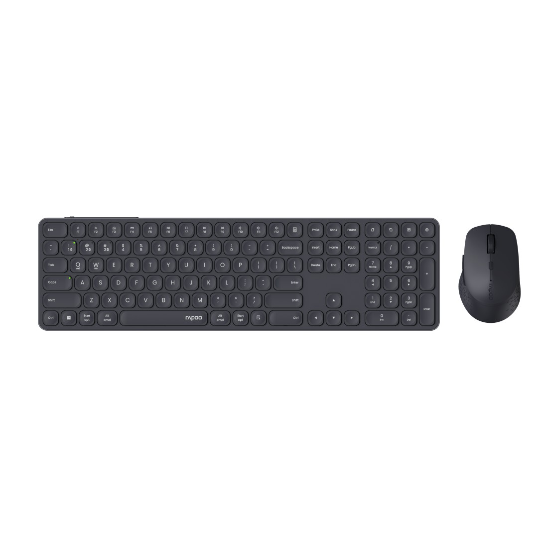 Schwarzes Tastatur- und Maus-Set auf Weiß. Tasten und Maustasten sind sichtbar.