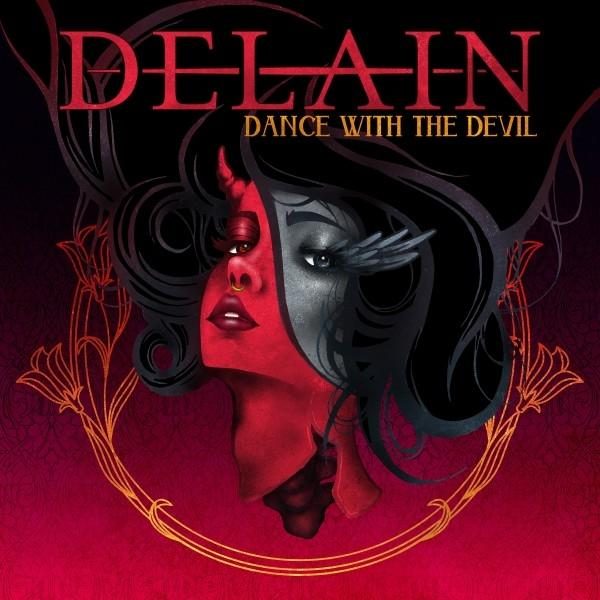 Pochette d'album avec le visage d'une femme, à moitié rouge, avec des cheveux foncés et le titre 'Delain'.