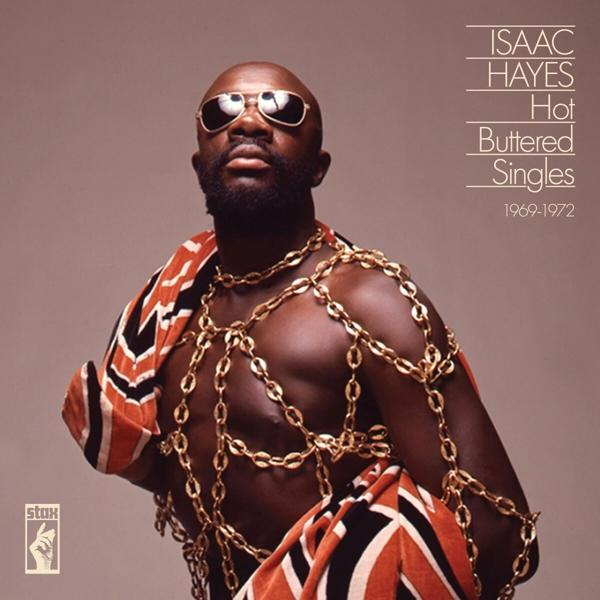 Isaac Hayes Albumcover. Mann mit Sonnenbrille, Goldketten und gemustertem Schal.
