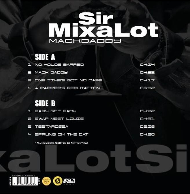 Une pochette de vinyle montrant la liste des titres de l'album Mack Daddy de Sir Mix-a-Lot.