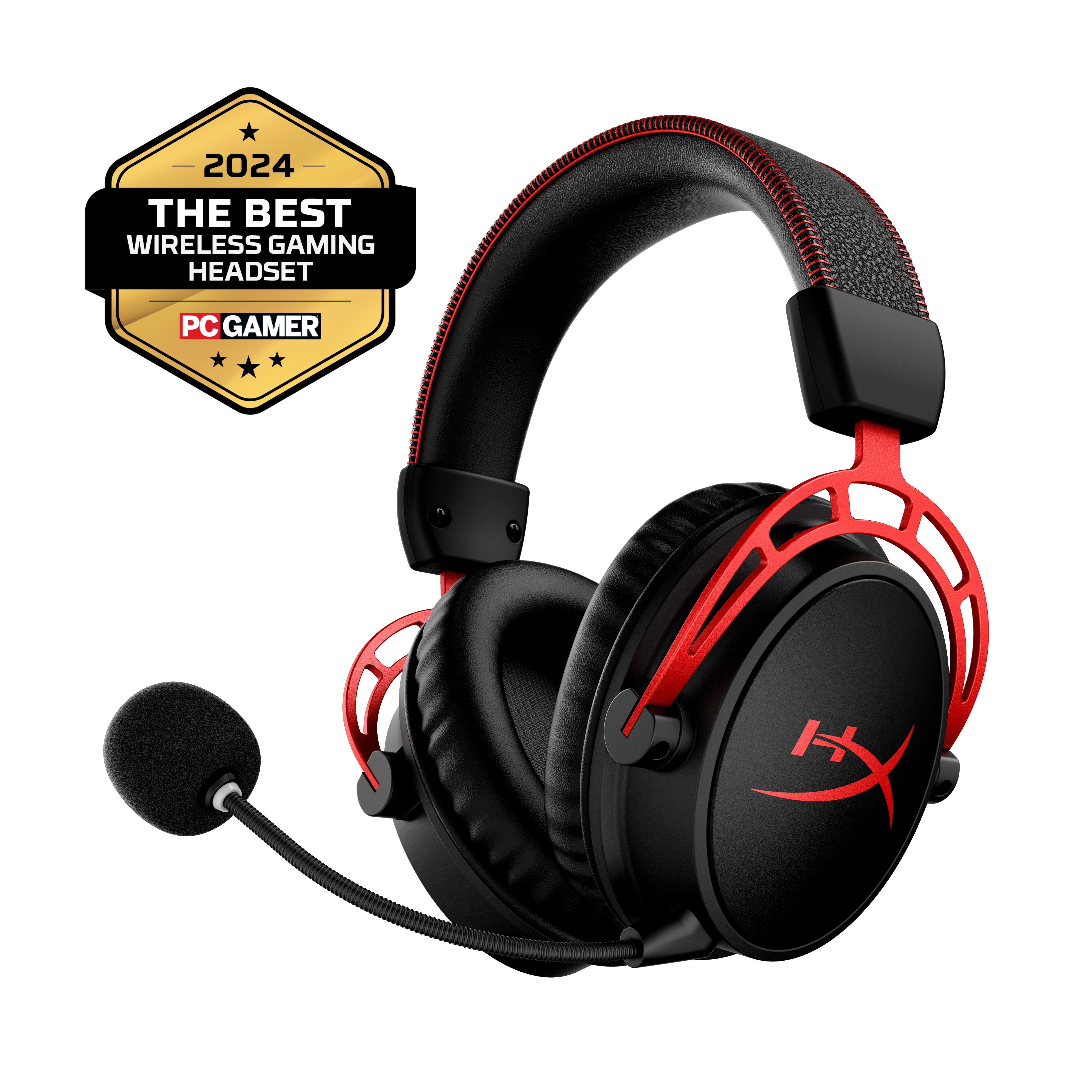 Black and red gaming headset with a microphone, and a gold PC Gamer award badge.