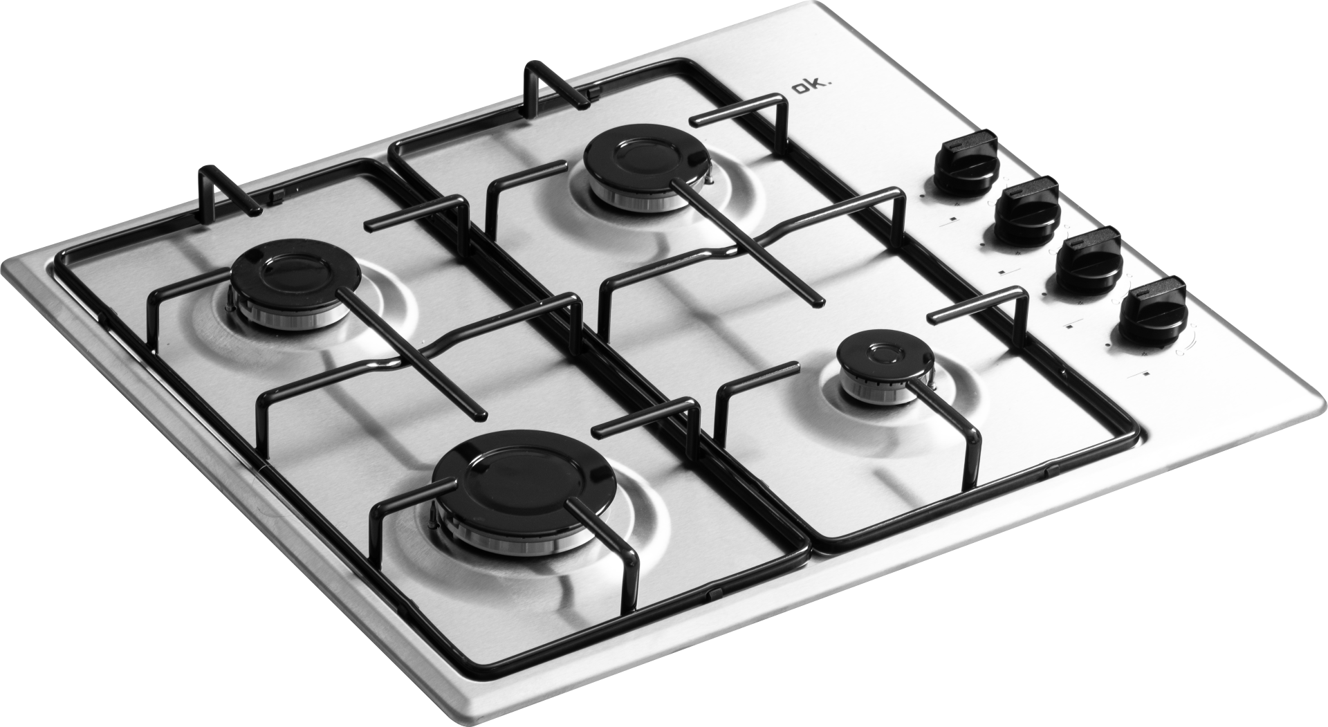 Cocina de gas con cuatro quemadores. Es de acero inoxidable y tiene tapas de quemador negras.