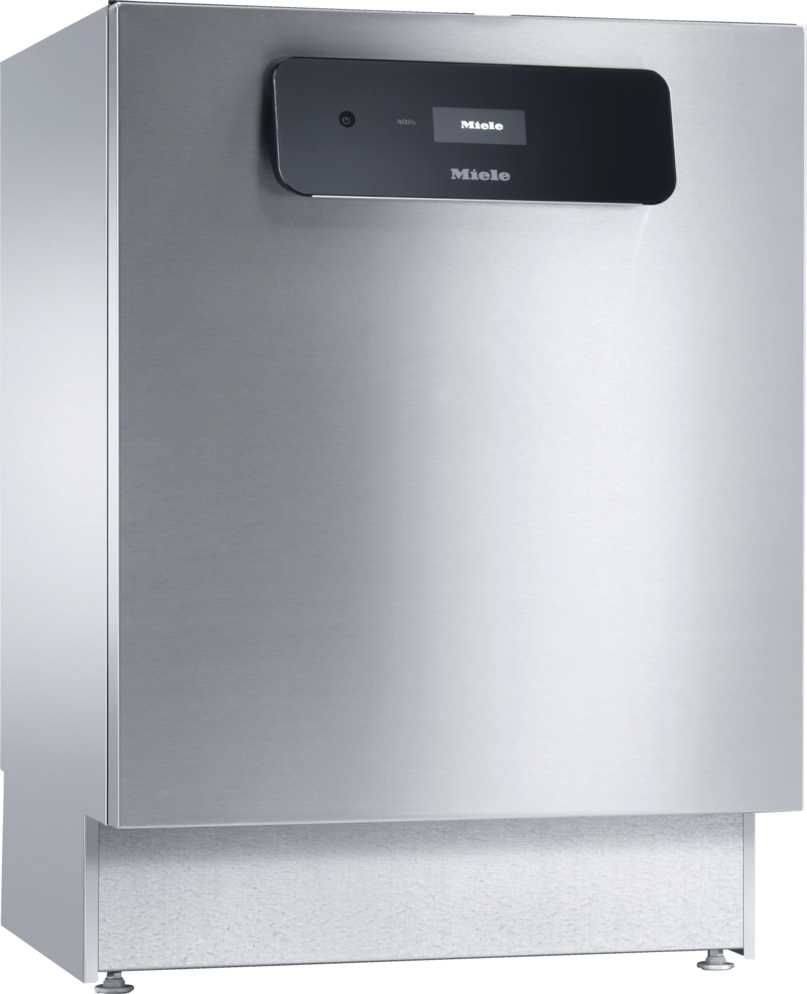 Ein silberner Miele Geschirrspüler mit schwarzem Display, sauberes und modernes Design.