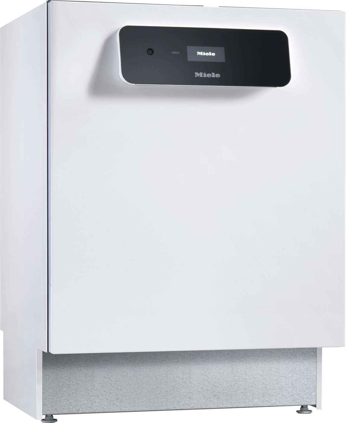 Weißer Miele-Geschirrspüler mit Display. Schwarzer Hintergrund.