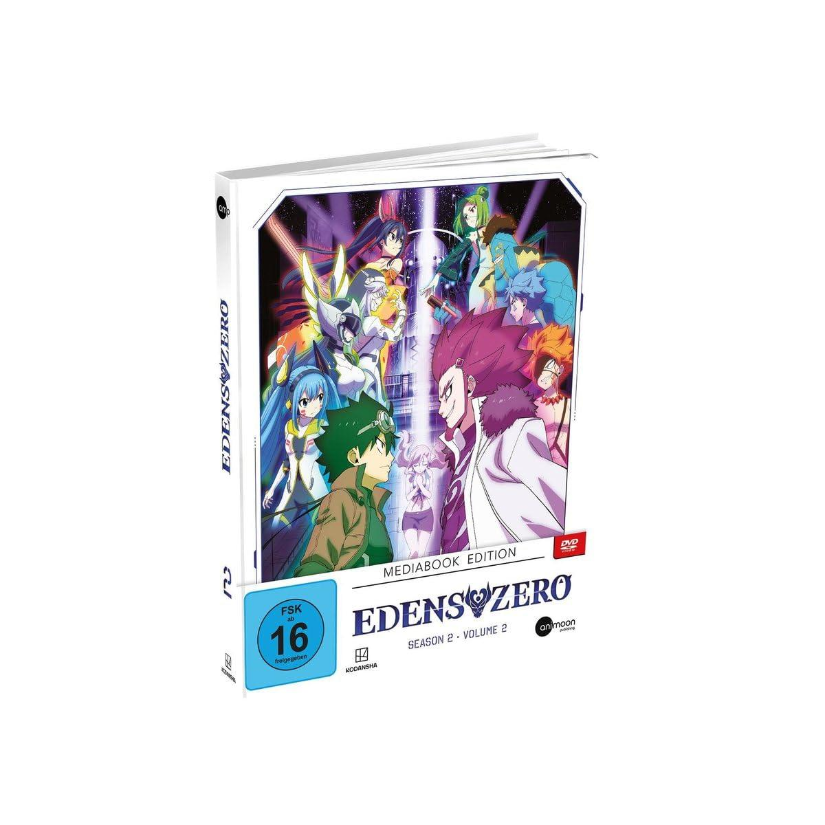 Eine DVD-Hülle von Edens Zero Anime. Das Cover hat mehrere Anime-Charaktere in einer lebendigen Umgebung.