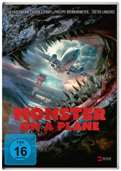 Filmcover: Flugzeug im Maul eines Monsters. Titel: Monster on a Plane. Schauspielernamen sind sichtbar.
