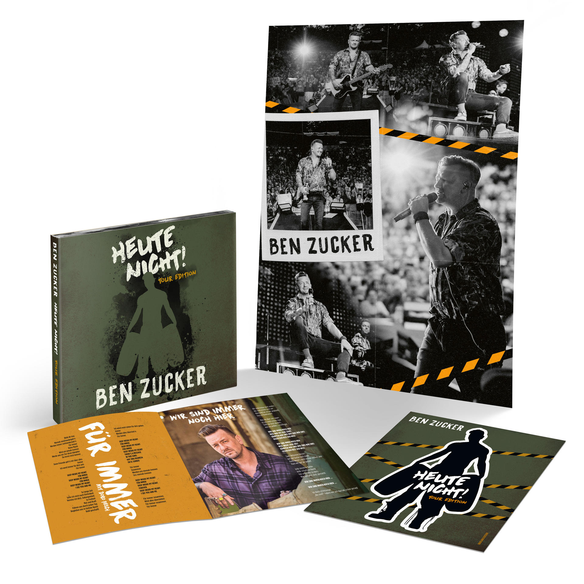 Verschiedene Artikel für Ben Zuckers 'Heute Nicht!'-Tour-Edition, darunter eine CD und Poster.