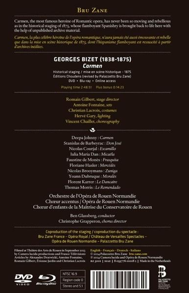 DVD-Rückseite. Text mit Details zu Carmen, einschließlich Besetzung und Credits.