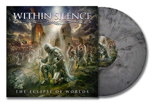 Albumcover mit Band und Vinyl-Schallplatte. Die Band ist WITHIN SILENCE. Weißer Hintergrund.