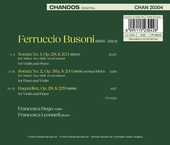 Ein CD-Cover mit Text über Ferruccio Busoni. Es enthält Titellisten und Credits.
