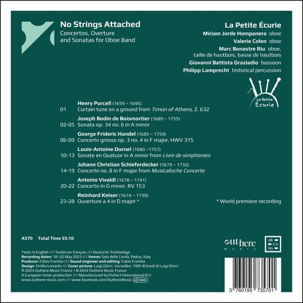 Ein Notenblatt mit einem Titel. Text: No Strings Attached, Concertos, Overture, Sonatas for Oboe Band.