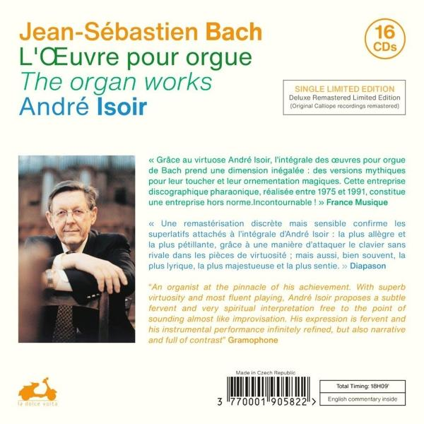 Buchcover: Jean-Sébastien Bach, L'Œuvre pour orgue, André Isoir. Text und ein Porträt sind sichtbar.