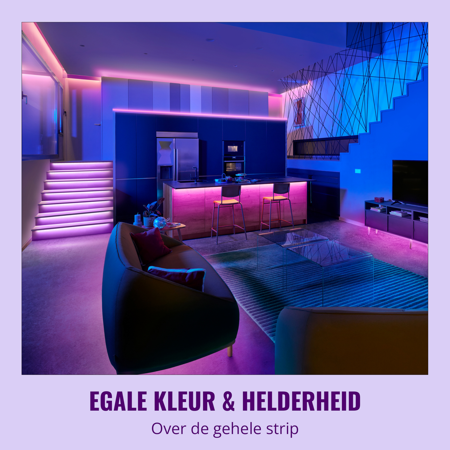 A modern living room with colorful LED lighting. Pink and blue lights illuminate the space, stairs, and furniture.