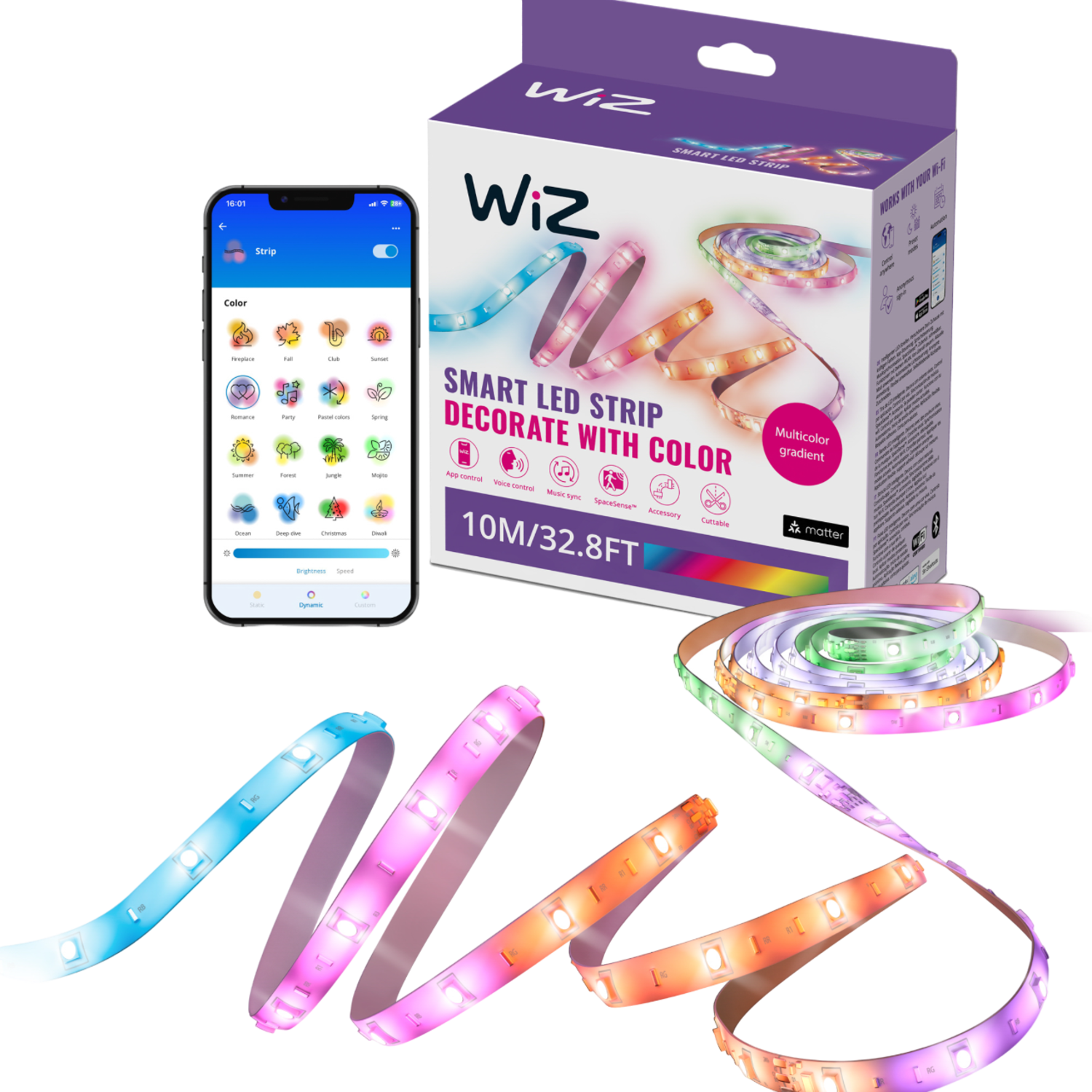 Een slimme LED-strip met een telefoon die de app toont, een doos en de strip zelf met levendige kleuren.