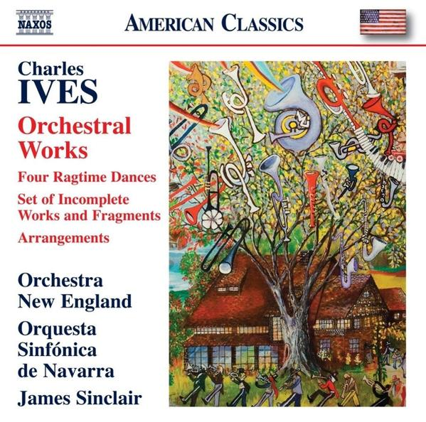 CD-Cover für Charles Ives Orchestral Works. Bunte Kunst mit Musikinstrumenten und Gebäuden.