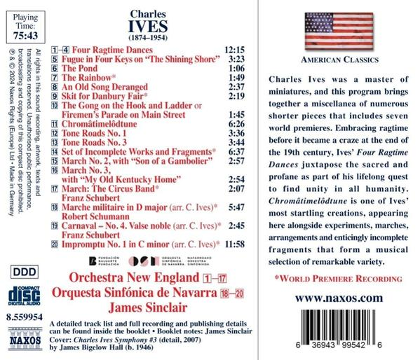 Rückseite einer CD mit Text über die Musik von Charles Ives und das Orchestra New England.