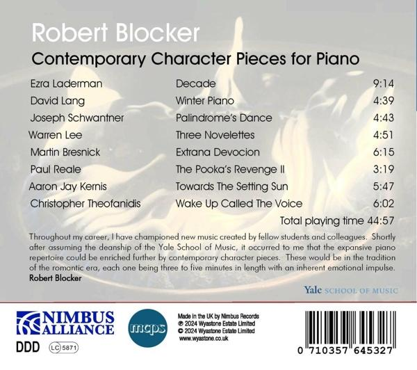 CD-Cover: Robert Blocker, Zeitgenössische Charakterstücke für Klavier. Enthält Komponistennamen, Titellisten und Musikzeiten.