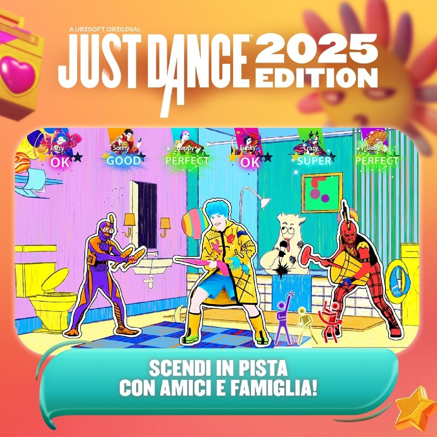 Schermata di gioco di Just Dance 2025 con ballerini animati e testo.