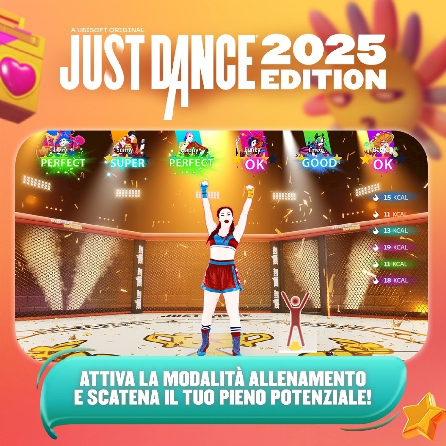 Una donna in un ring di boxe, che balla in un videogioco, con testo e statistiche energetiche.