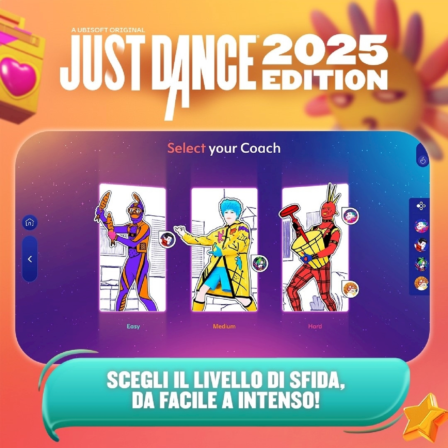 Interfaccia di gioco di Just Dance 2025, con schermata di selezione allenatore e testo 'Seleziona il tuo coach'.