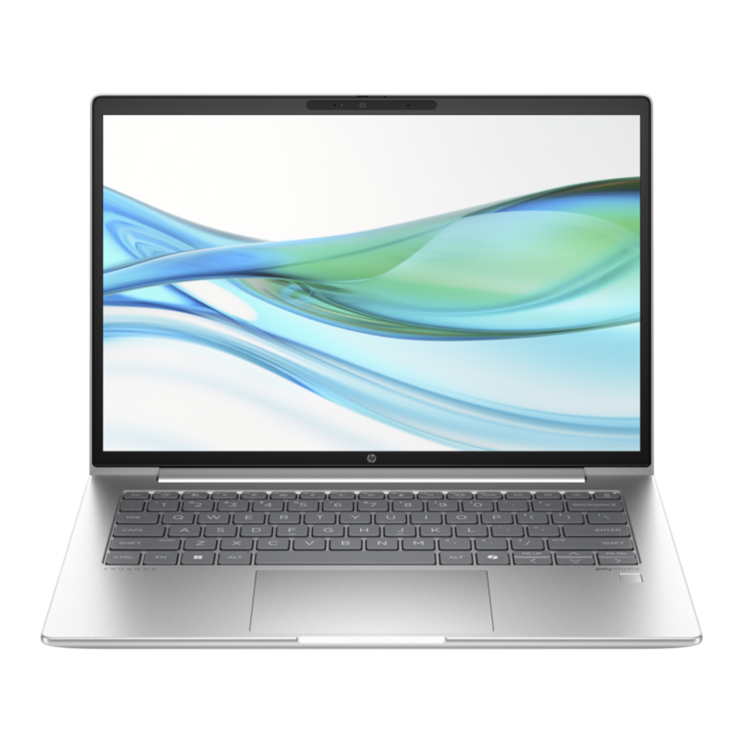 Zilveren laptop open op een wit oppervlak. Het scherm toont een patroon.